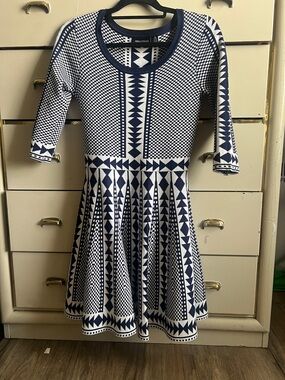 Nina Leonard Navy and White Geometric Fit-and-Flare Dress
